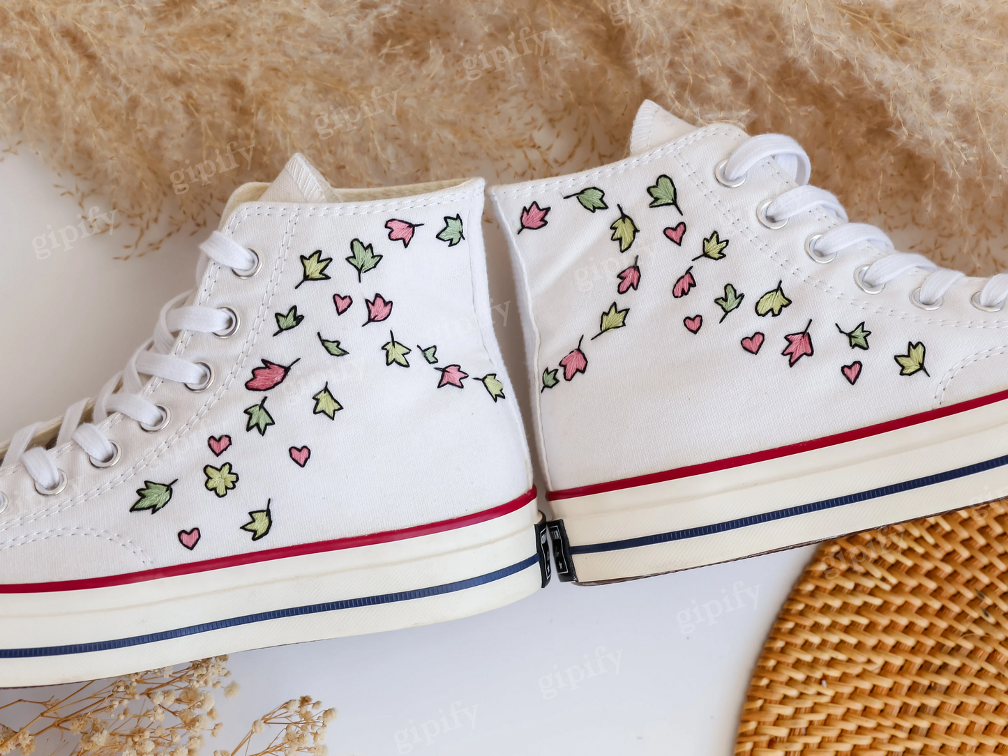 Custom Converse Embroidered Heartstopper Leaves, Bookish Inspired Converse High Tops, Nick and Charlie Embroidered Sneaker Cute Leaves Shoes