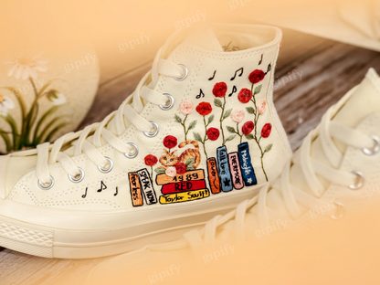 Custom Embroidered Converse Chuck Taylor All Star Shoes, Cat and Flower, 1989 Embroidered Sneaker, Flower Embroidery Shoes, Handmade Gifts