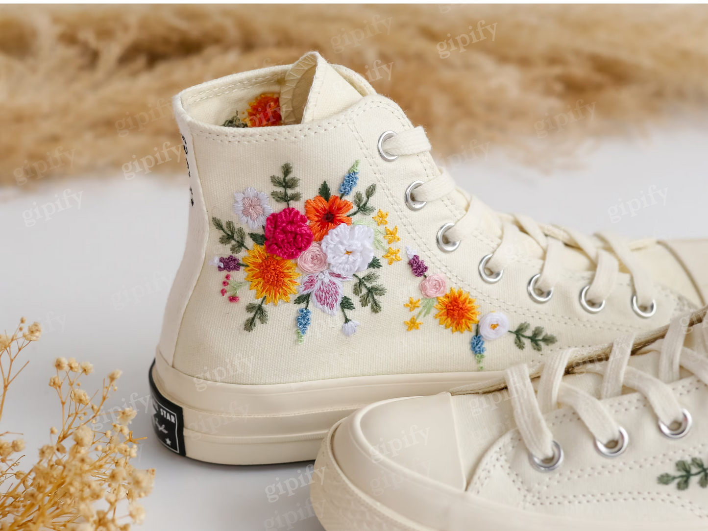 Custom Converse Wedding Sneakers, Rainbow Bridal Flowers Embroidered Shoes, Sunflower Daisy Dahlia Embroidered Sneakers, Rustic Wedding Gift