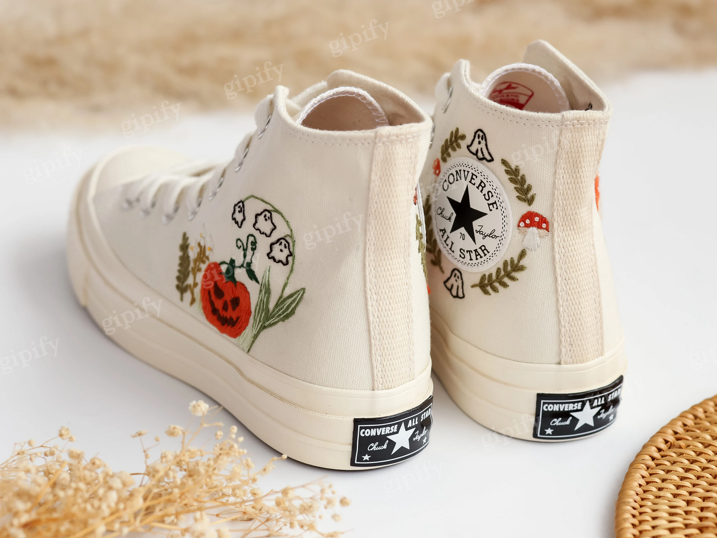 Evil Eye Embroidered Converse Custom, Ghosts and Mushrooms Evil Eye Embroidered Shoes Custom, Sneaker Embroidery Mushrooms Evil Eye, Pumpkin