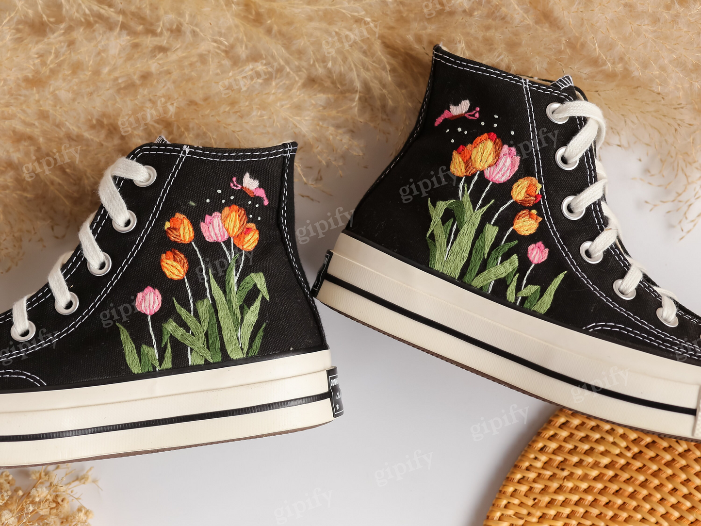 Custom Embroidered Converse High Tops, Tulips Flower Embroidered Shoes Custom, Tulips Embroidered Sneakers, Anniversary Gifts for Her