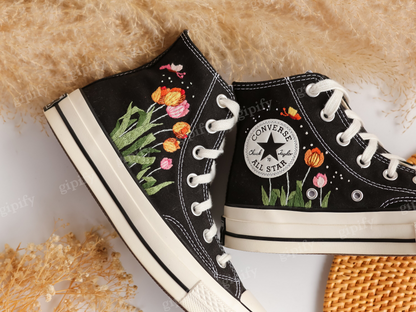 Custom Embroidered Converse High Tops, Tulips Flower Embroidered Shoes Custom, Tulips Embroidered Sneakers, Anniversary Gifts for Her