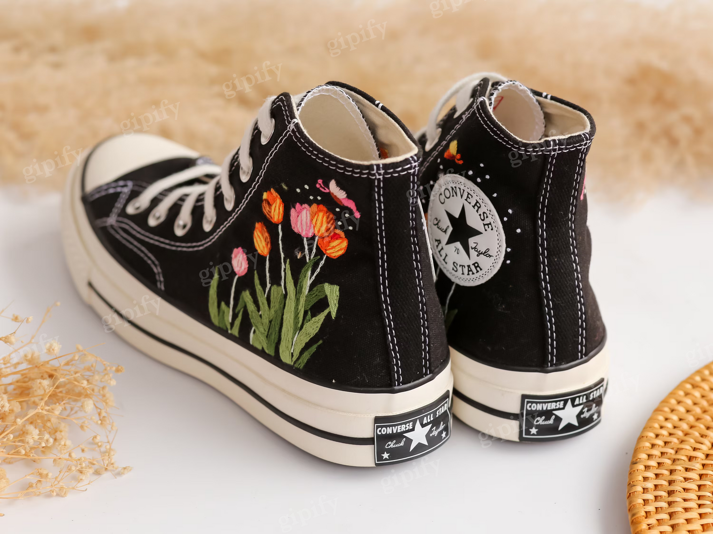 Custom Embroidered Converse High Tops, Tulips Flower Embroidered Shoes Custom, Tulips Embroidered Sneakers, Anniversary Gifts for Her