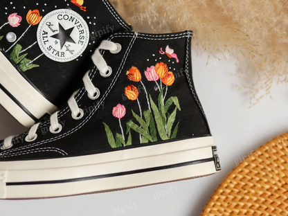 Custom Embroidered Converse High Tops, Tulips Flower Embroidered Shoes Custom, Tulips Embroidered Sneakers, Anniversary Gifts for Her