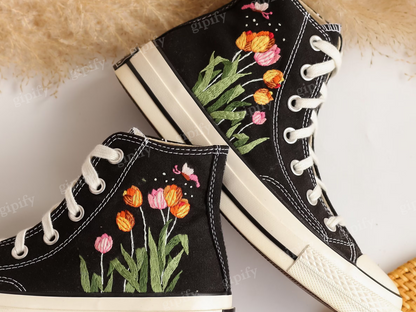 Custom Embroidered Converse High Tops, Tulips Flower Embroidered Shoes Custom, Tulips Embroidered Sneakers, Anniversary Gifts for Her