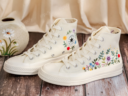 Custom Bridal Flowers Embroidered Converse for Wedding, Flowers Embroidered Sneakers for Bride, Flowers Embroidered Shoes, Wedding Gifts