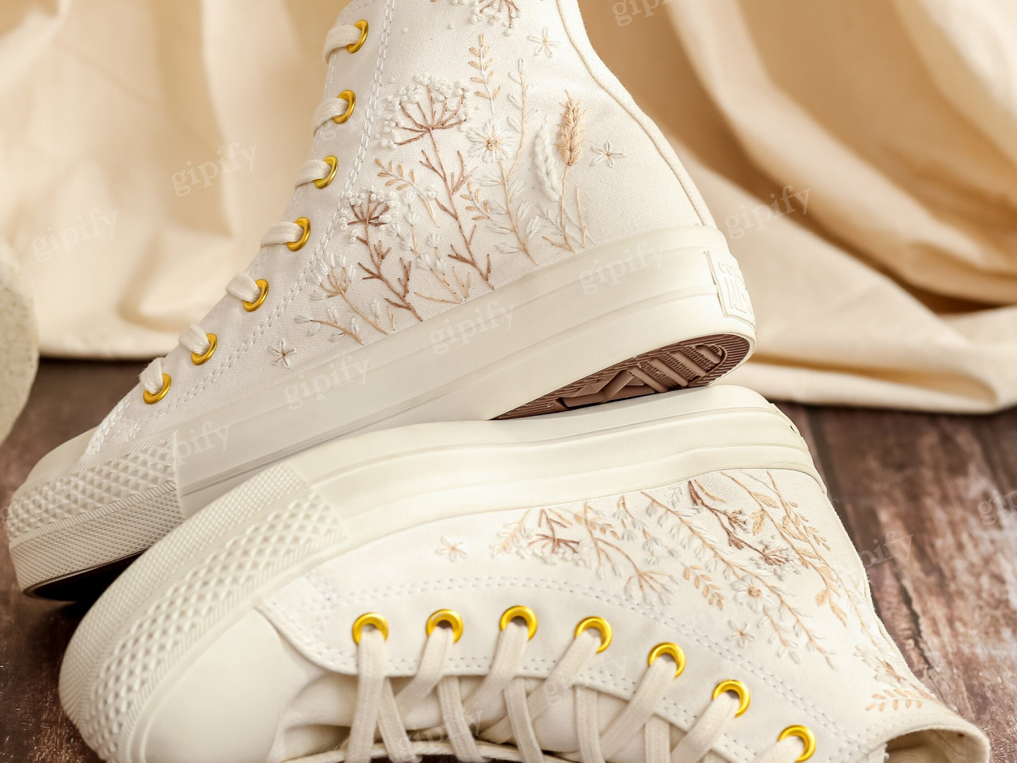 Custom Converse Platform, White Wedding Flowers Embroidered Converse, Bridal Flowers Embroidered Shoes, Flowers Embroidered Sneakers