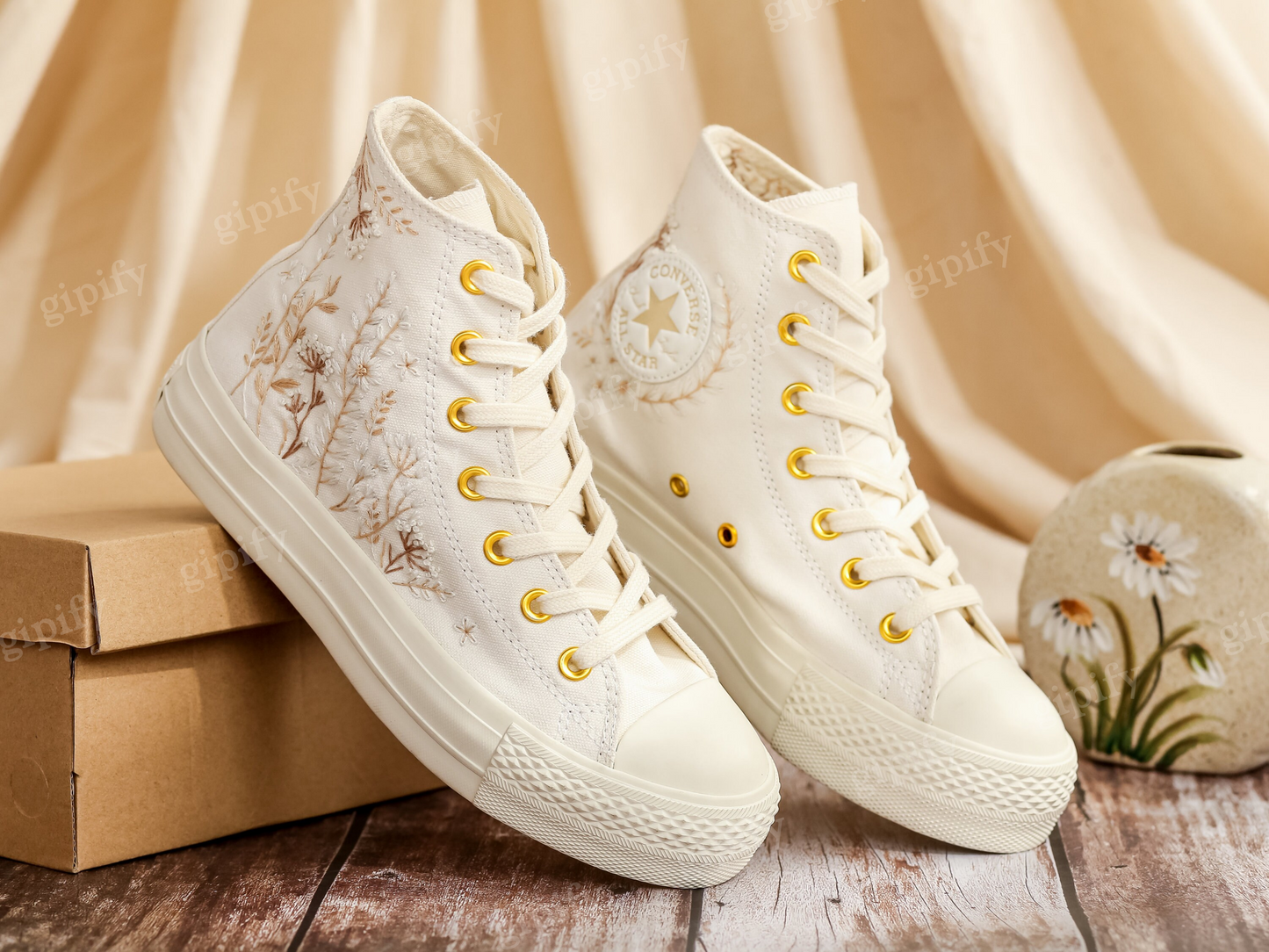 Custom Converse Platform, White Wedding Flowers Embroidered Converse, Bridal Flowers Embroidered Shoes, Flowers Embroidered Sneakers