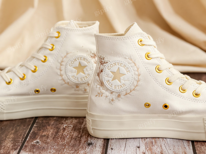 Custom Converse Platform, White Wedding Flowers Embroidered Converse, Bridal Flowers Embroidered Shoes, Flowers Embroidered Sneakers