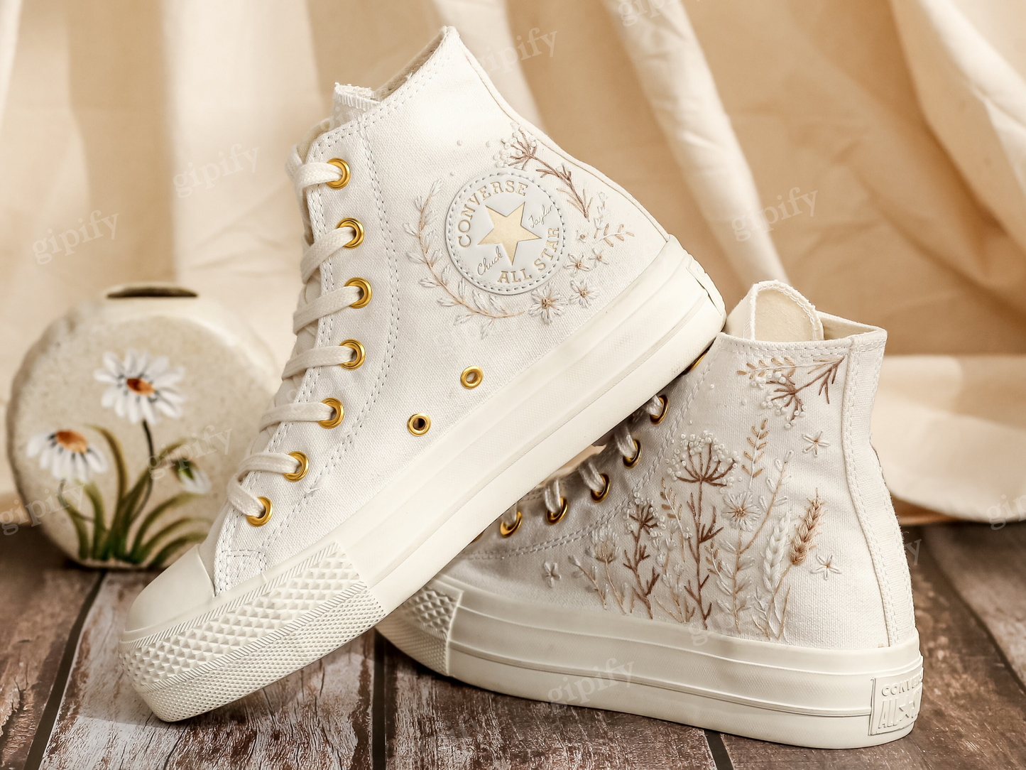 Custom Converse Platform, White Wedding Flowers Embroidered Converse, Bridal Flowers Embroidered Shoes, Flowers Embroidered Sneakers