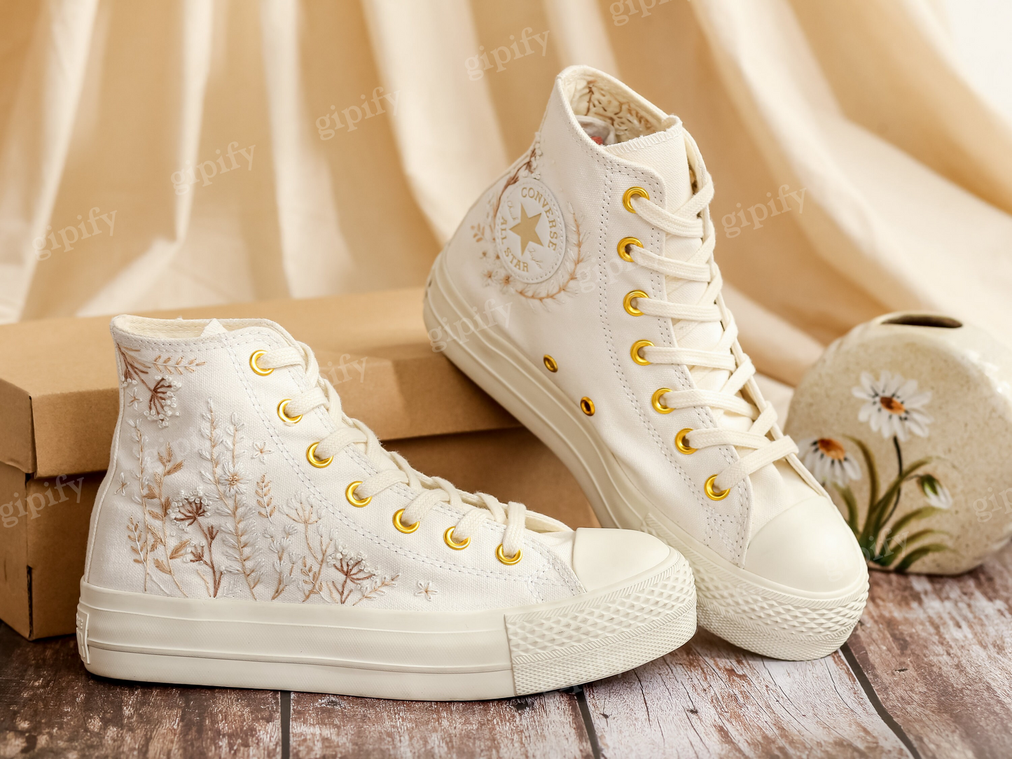 Custom Converse Platform, White Wedding Flowers Embroidered Converse, Bridal Flowers Embroidered Shoes, Flowers Embroidered Sneakers