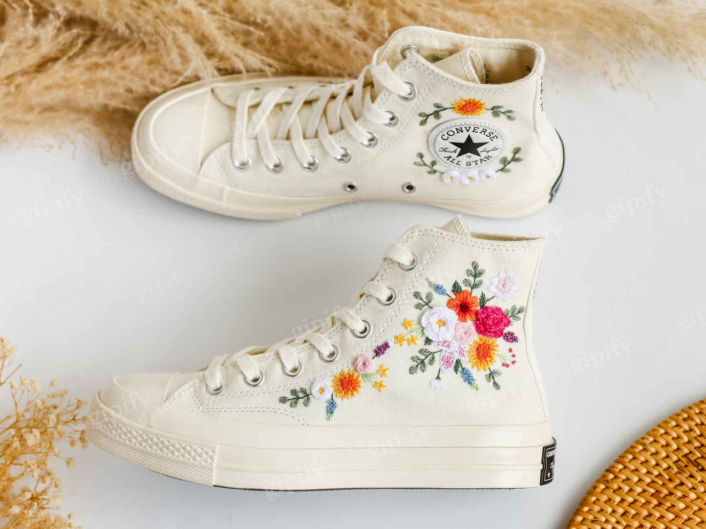 Custom Converse Wedding Sneakers, Rainbow Bridal Flowers Embroidered Shoes, Sunflower Daisy Dahlia Embroidered Sneakers, Rustic Wedding Gift