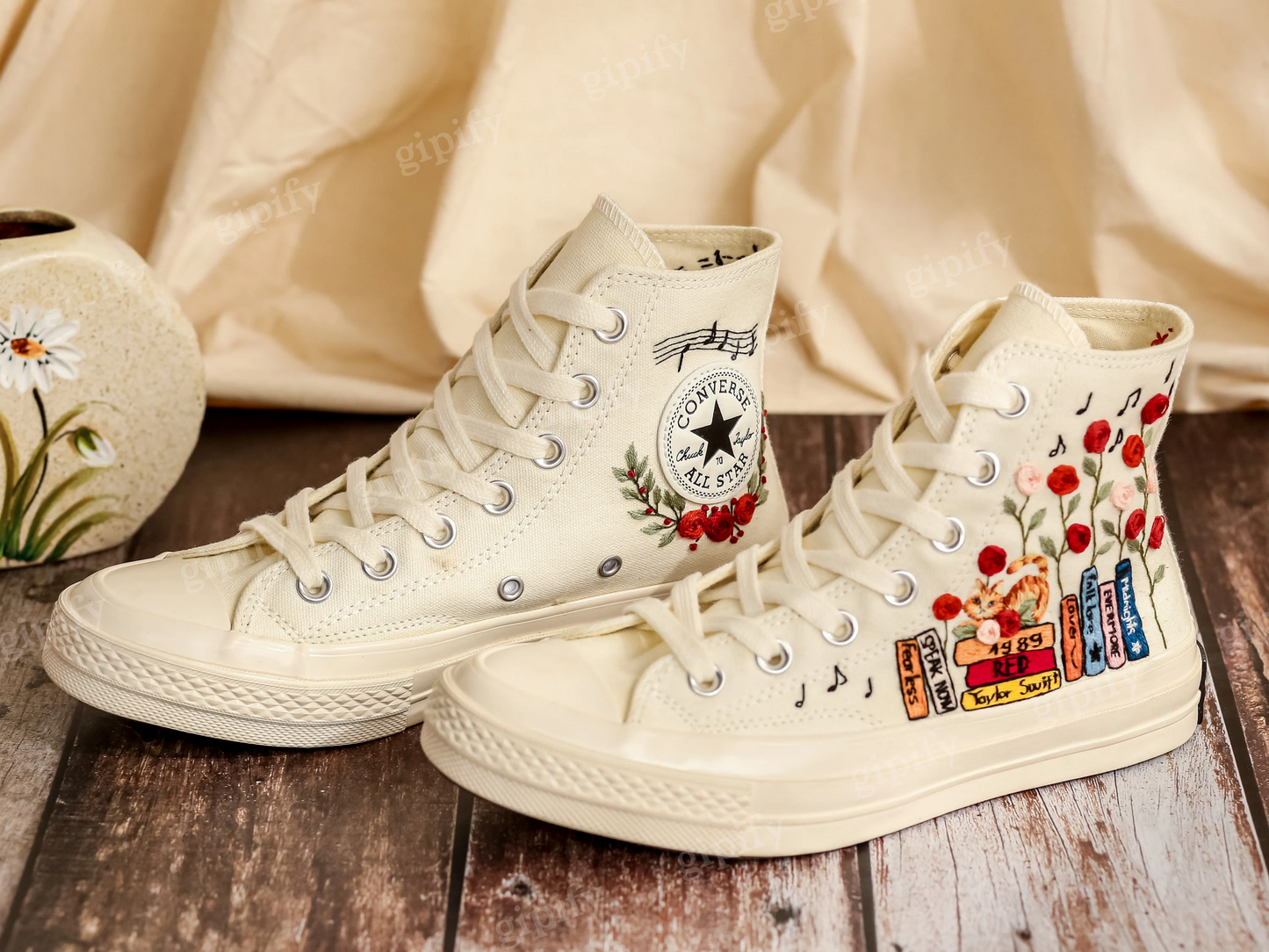 Custom Embroidered Converse Chuck Taylor All Star Shoes, Cat and Flower, 1989 Embroidered Sneaker, Flower Embroidery Shoes, Handmade Gifts