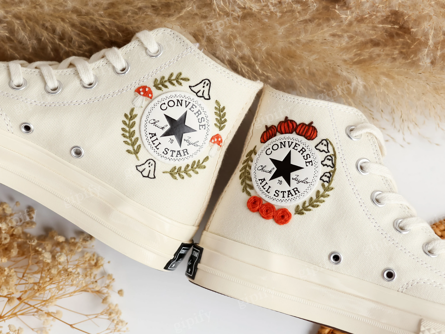 Evil Eye Embroidered Converse Custom, Ghosts and Mushrooms Evil Eye Embroidered Shoes Custom, Sneaker Embroidery Mushrooms Evil Eye, Pumpkin