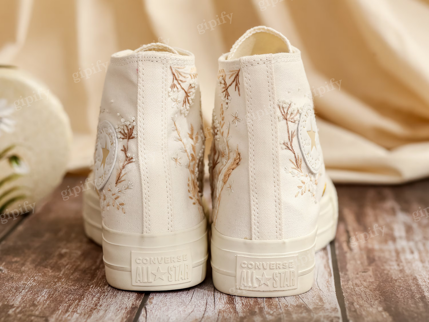 Custom Converse Platform, White Wedding Flowers Embroidered Converse, Bridal Flowers Embroidered Shoes, Flowers Embroidered Sneakers