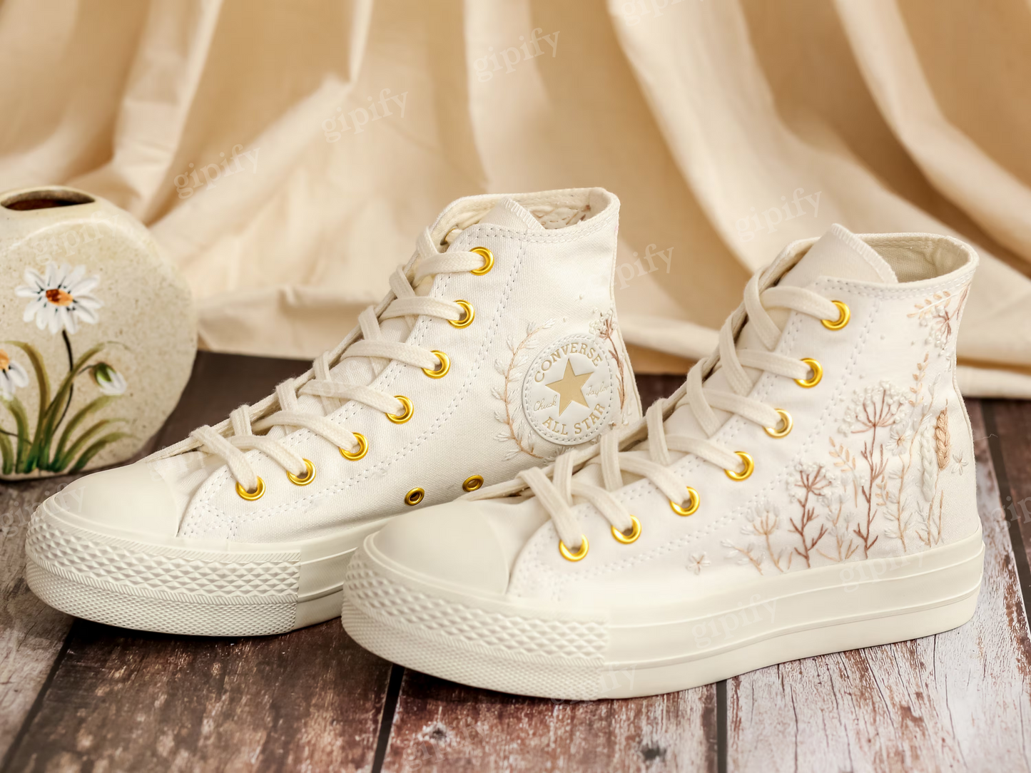 Custom Converse Platform, White Wedding Flowers Embroidered Converse, Bridal Flowers Embroidered Shoes, Flowers Embroidered Sneakers