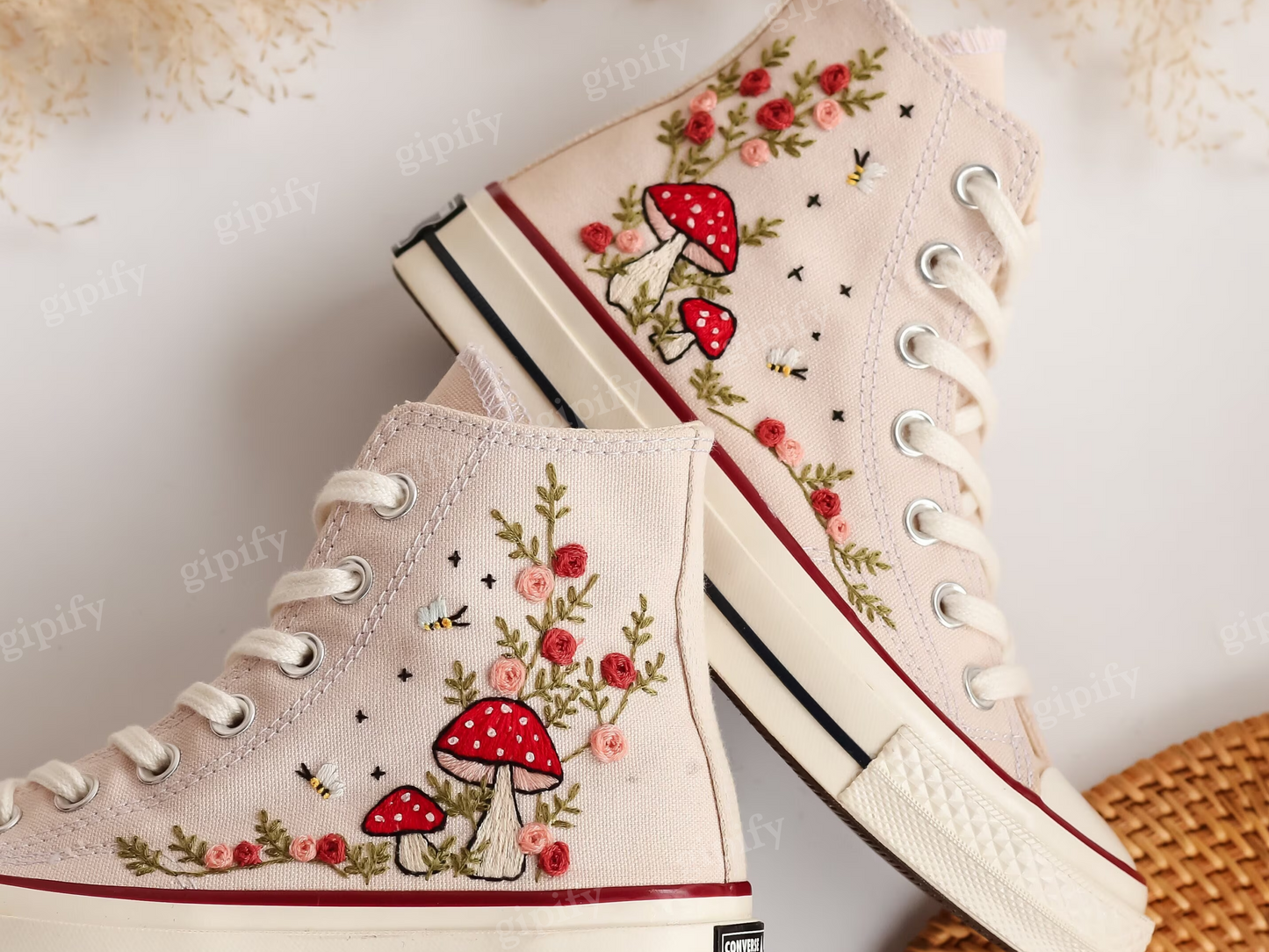 Embroidered Converse High Tops, Mushrooms and Flower Embroidered Converse Shoes, Custom Converse Taylor 1970s Mushrooms Embroidered Sneakers