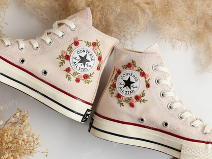 Embroidered Converse High Tops, Mushrooms and Flower Embroidered Converse Shoes, Custom Converse Taylor 1970s Mushrooms Embroidered Sneakers