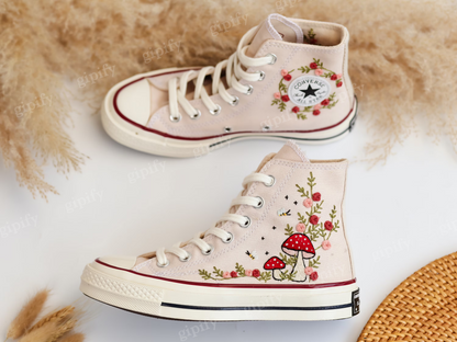 Embroidered Converse High Tops, Mushrooms and Flower Embroidered Converse Shoes, Custom Converse Taylor 1970s Mushrooms Embroidered Sneakers