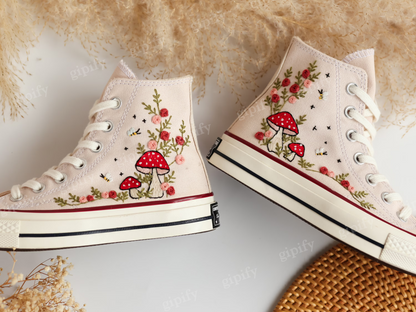 Embroidered Converse High Tops, Mushrooms and Flower Embroidered Converse Shoes, Custom Converse Taylor 1970s Mushrooms Embroidered Sneakers