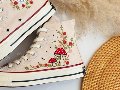 Embroidered Converse High Tops, Mushrooms and Flower Embroidered Converse Shoes, Custom Converse Taylor 1970s Mushrooms Embroidered Sneakers