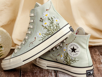 Custom Embroidered Converse Women, Daisy Embroidered Shoes for Bride, Bridal Flowers Embroidered Sneaker for Wedding, Unique Gifts for Her