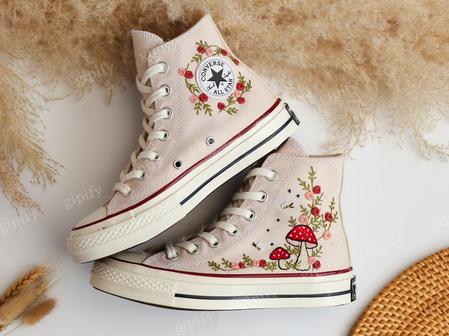 Embroidered Converse High Tops, Mushrooms and Flower Embroidered Converse Shoes, Custom Converse Taylor 1970s Mushrooms Embroidered Sneakers