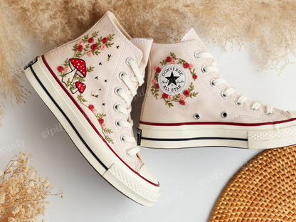 Embroidered Converse High Tops, Mushrooms and Flower Embroidered Converse Shoes, Custom Converse Taylor 1970s Mushrooms Embroidered Sneakers