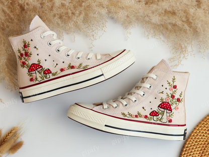 Embroidered Converse High Tops, Mushrooms and Flower Embroidered Converse Shoes, Custom Converse Taylor 1970s Mushrooms Embroidered Sneakers