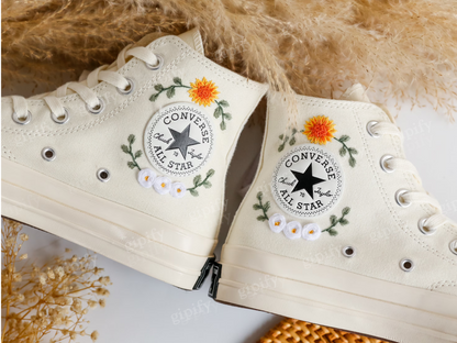 Custom Converse Wedding Sneakers, Rainbow Bridal Flowers Embroidered Shoes, Sunflower Daisy Dahlia Embroidered Sneakers, Rustic Wedding Gift