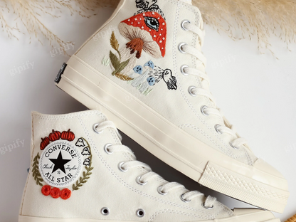 Evil Eye Embroidered Converse Custom, Ghosts and Mushrooms Evil Eye Embroidered Shoes Custom, Sneaker Embroidery Mushrooms Evil Eye, Pumpkin