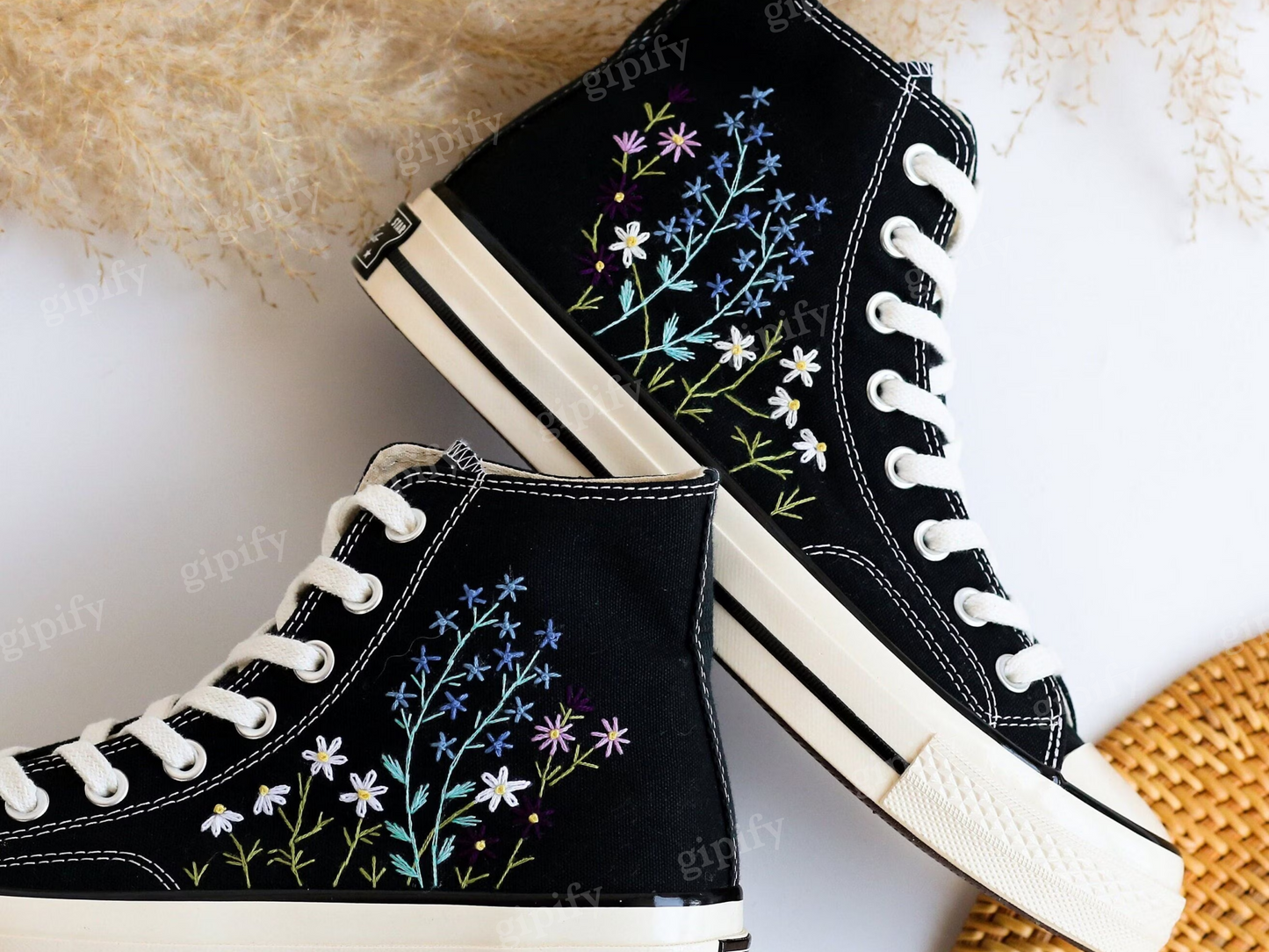 Custom Embroidered Converse Taylor 1970s, Flower Embroidered Sneakers Custom, Converse High Tops Embroidered Flower Garden, Gift for Her