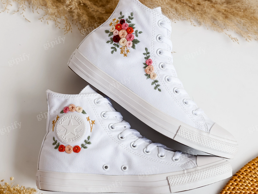 Wedding Converse for Bride, Custom Embroidered Flower Wedding Sneakers, White Wedding Shoes Embroidered Bridal Flowers, Wedding Gifts