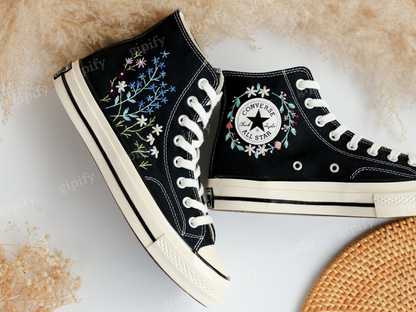 Custom Embroidered Converse Taylor 1970s, Flower Embroidered Sneakers Custom, Converse High Tops Embroidered Flower Garden, Gift for Her