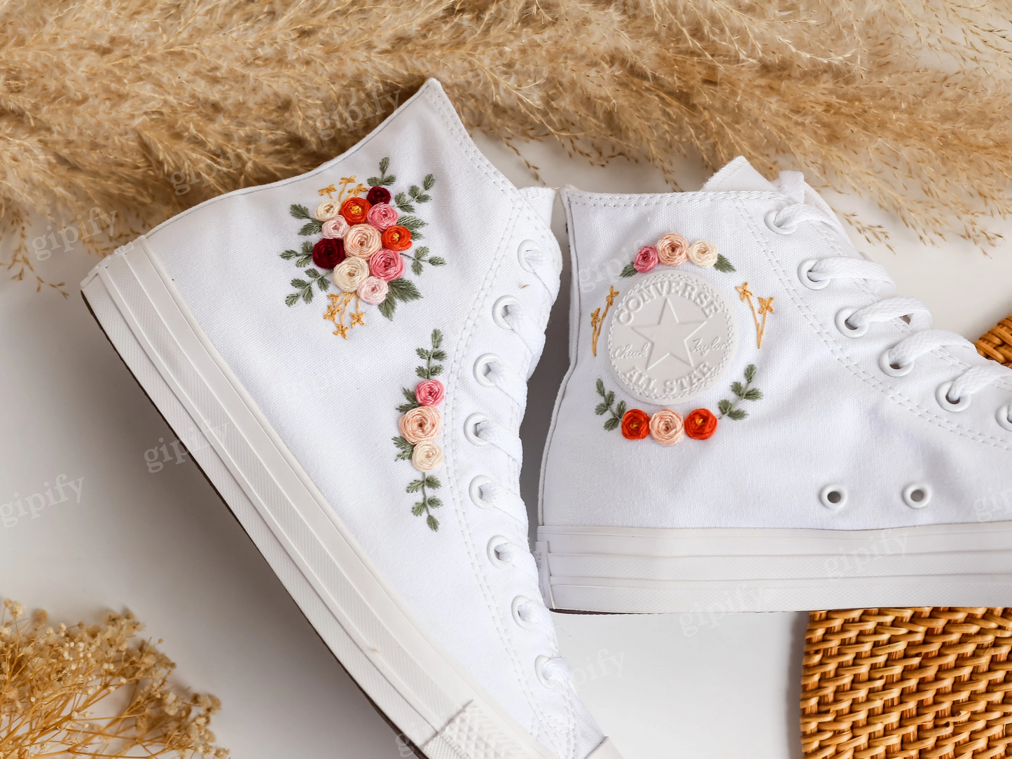 Wedding Converse for Bride, Custom Embroidered Flower Wedding Sneakers, White Wedding Shoes Embroidered Bridal Flowers, Wedding Gifts