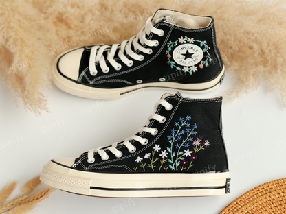 Custom Embroidered Converse Taylor 1970s, Flower Embroidered Sneakers Custom, Converse High Tops Embroidered Flower Garden, Gift for Her