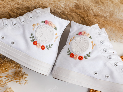 Wedding Converse for Bride, Custom Embroidered Flower Wedding Sneakers, White Wedding Shoes Embroidered Bridal Flowers, Wedding Gifts