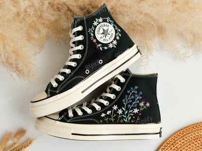 Custom Embroidered Converse Taylor 1970s, Flower Embroidered Sneakers Custom, Converse High Tops Embroidered Flower Garden, Gift for Her