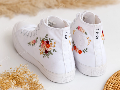 Wedding Converse for Bride, Custom Embroidered Flower Wedding Sneakers, White Wedding Shoes Embroidered Bridal Flowers, Wedding Gifts