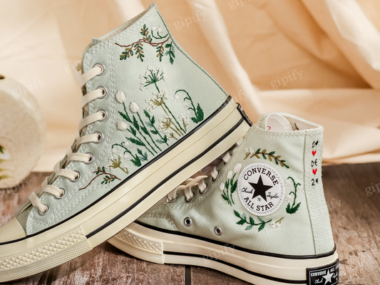 Customized Embroidered Converse High Tops, Flower Embroidered Shoes Women, Personalized Sneakers, Wedding Converse for Bride, Handmade Gift