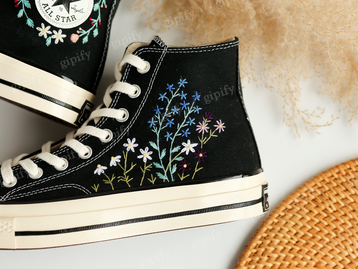 Custom Embroidered Converse Taylor 1970s, Flower Embroidered Sneakers Custom, Converse High Tops Embroidered Flower Garden, Gift for Her