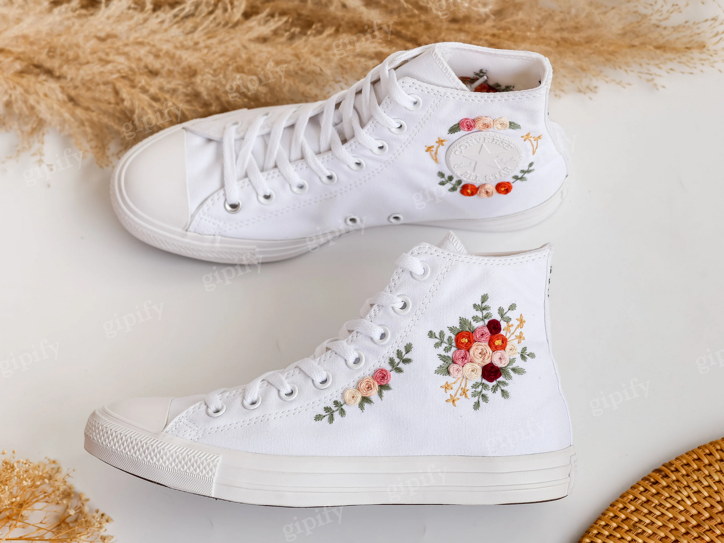 Wedding Converse for Bride, Custom Embroidered Flower Wedding Sneakers, White Wedding Shoes Embroidered Bridal Flowers, Wedding Gifts