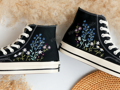 Custom Embroidered Converse Taylor 1970s, Flower Embroidered Sneakers Custom, Converse High Tops Embroidered Flower Garden, Gift for Her