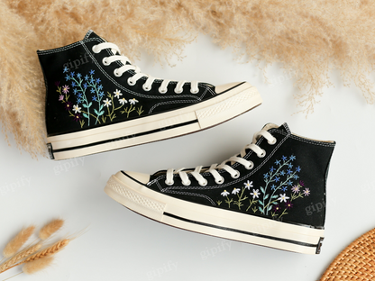 Custom Embroidered Converse Taylor 1970s, Flower Embroidered Sneakers Custom, Converse High Tops Embroidered Flower Garden, Gift for Her