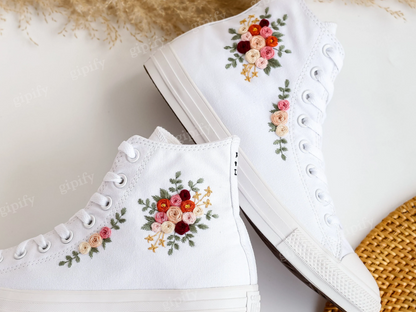 Wedding Converse for Bride, Custom Embroidered Flower Wedding Sneakers, White Wedding Shoes Embroidered Bridal Flowers, Wedding Gifts