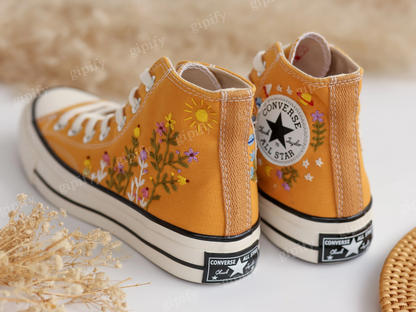 Custom Embroidered Converse High Tops, Dandelions and Flower Garden Embroidered Converse Chuck Taylor 1970s, Valentine Gift, Wedding Gifts