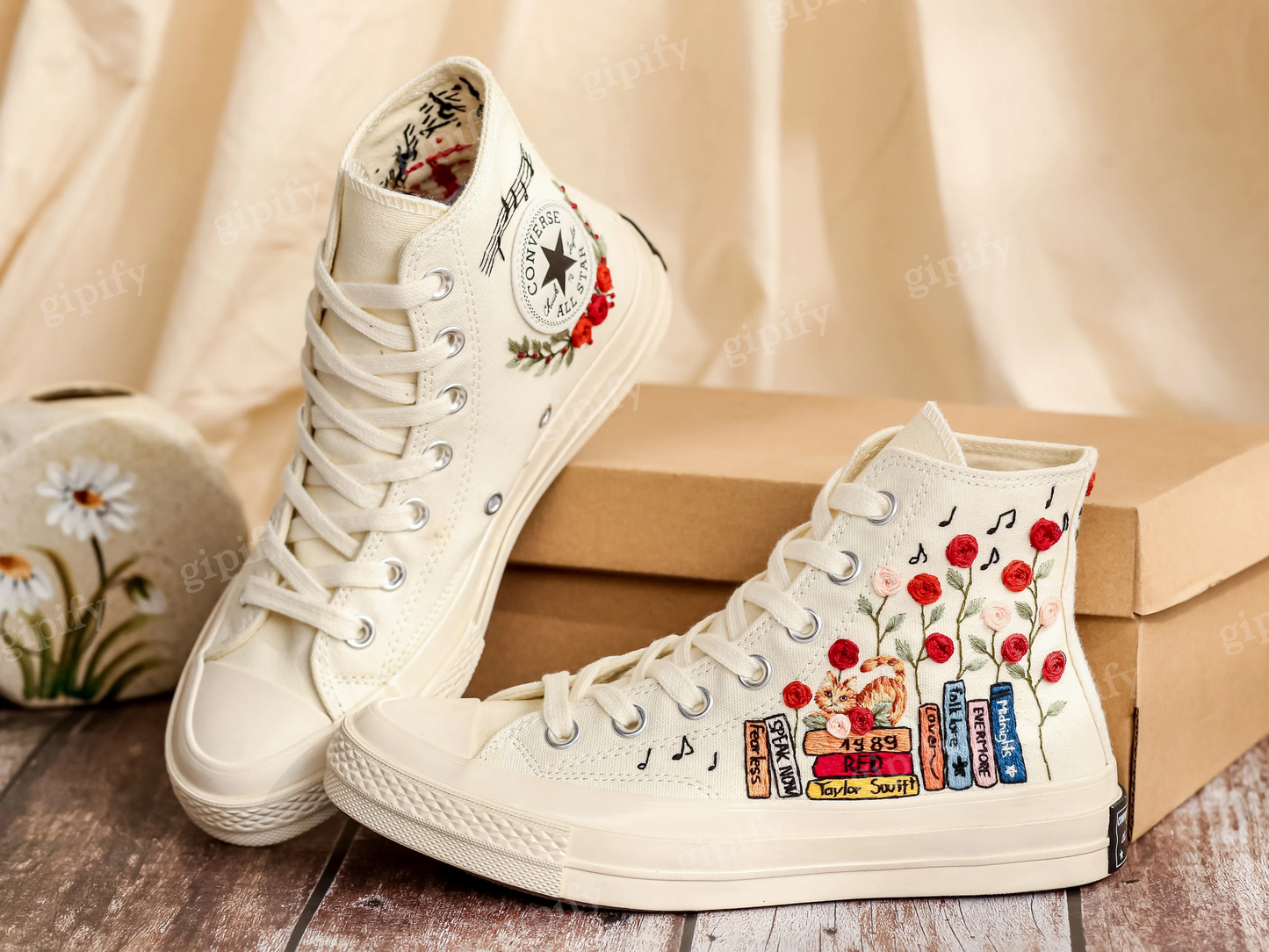 Custom Embroidered Converse Chuck Taylor All Star Shoes, Cat and Flower, 1989 Embroidered Sneaker, Flower Embroidery Shoes, Handmade Gifts