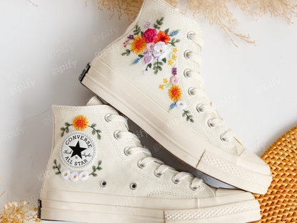 Custom Converse Wedding Sneakers, Rainbow Bridal Flowers Embroidered Shoes, Sunflower Daisy Dahlia Embroidered Sneakers, Rustic Wedding Gift