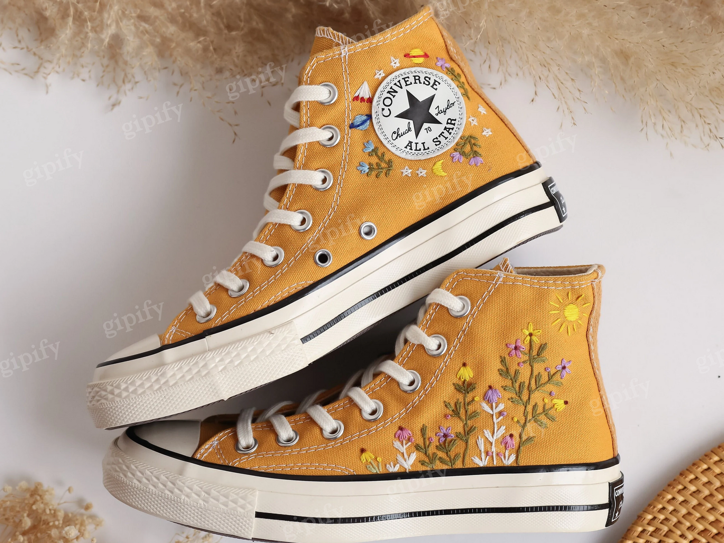 Custom Embroidered Converse High Tops, Dandelions and Flower Garden Embroidered Converse Chuck Taylor 1970s, Valentine Gift, Wedding Gifts