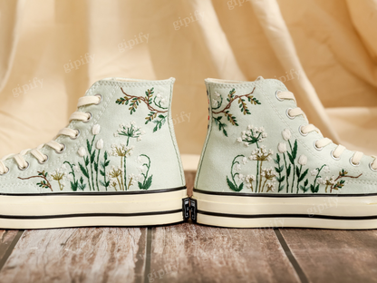 Customized Embroidered Converse High Tops, Flower Embroidered Shoes Women, Personalized Sneakers, Wedding Converse for Bride, Handmade Gift